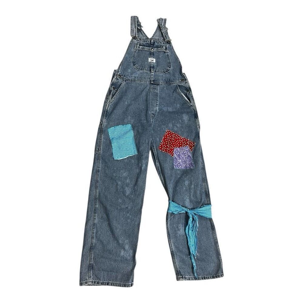 Vintage Lee Dungarees Rivited Denim Blue Bib Overalls Size L Carpenter Patchwork